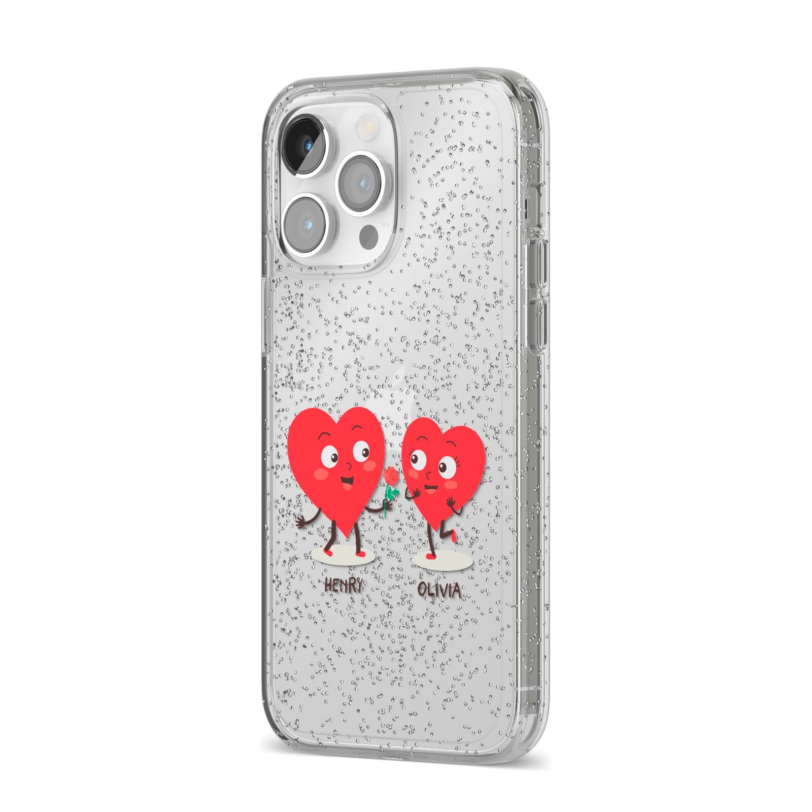 Love Heart Couples Custom iPhone 14 Pro Max Glitter Tough Case Silver Angled Image