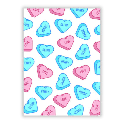 Love Heart Sweets with Names A5 Flat Greetings Card