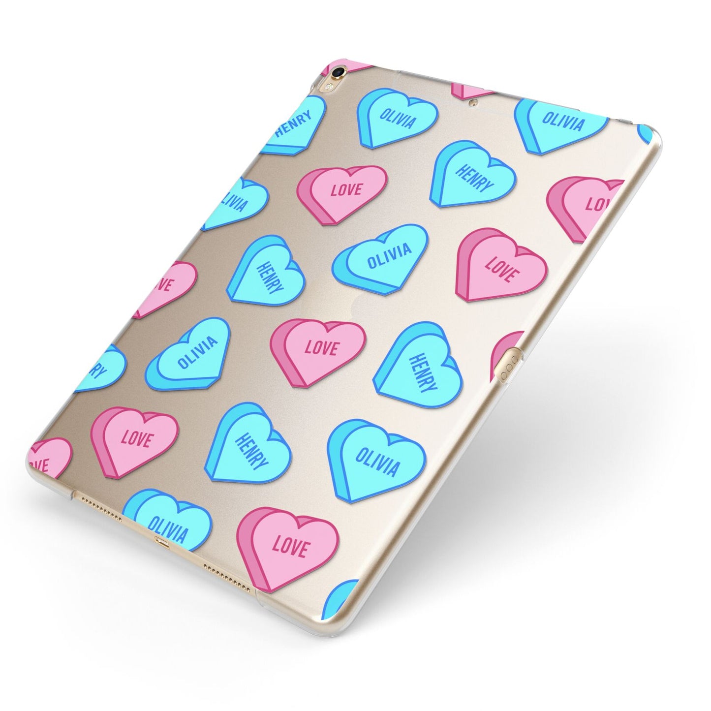 Love Heart Sweets with Names Apple iPad Case on Gold iPad Side View