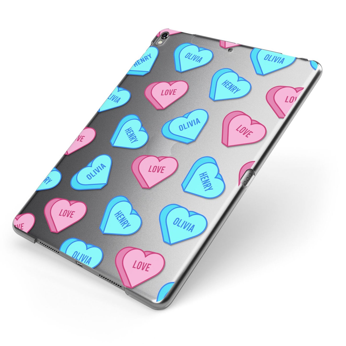 Love Heart Sweets with Names Apple iPad Case on Grey iPad Side View