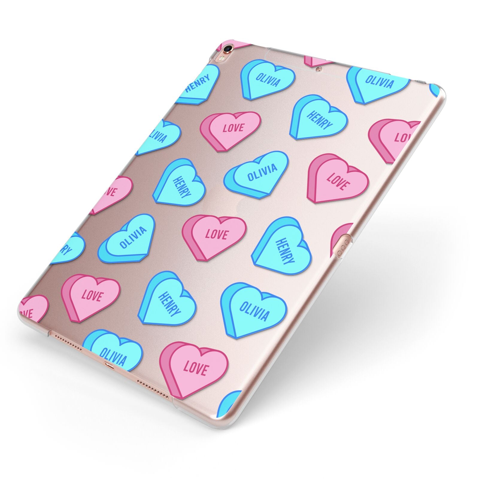 Love Heart Sweets with Names Apple iPad Case on Rose Gold iPad Side View