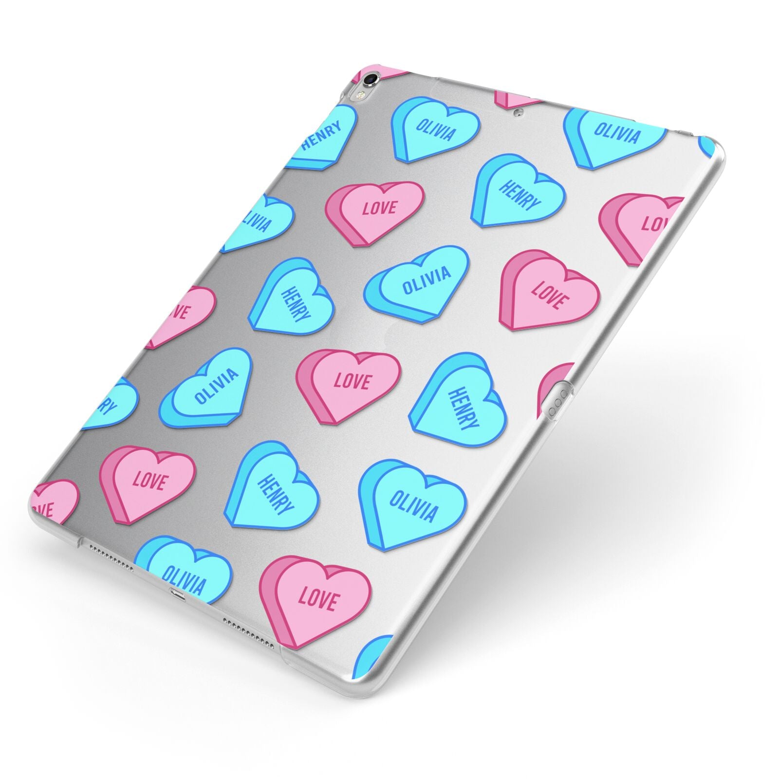 Love Heart Sweets with Names Apple iPad Case on Silver iPad Side View