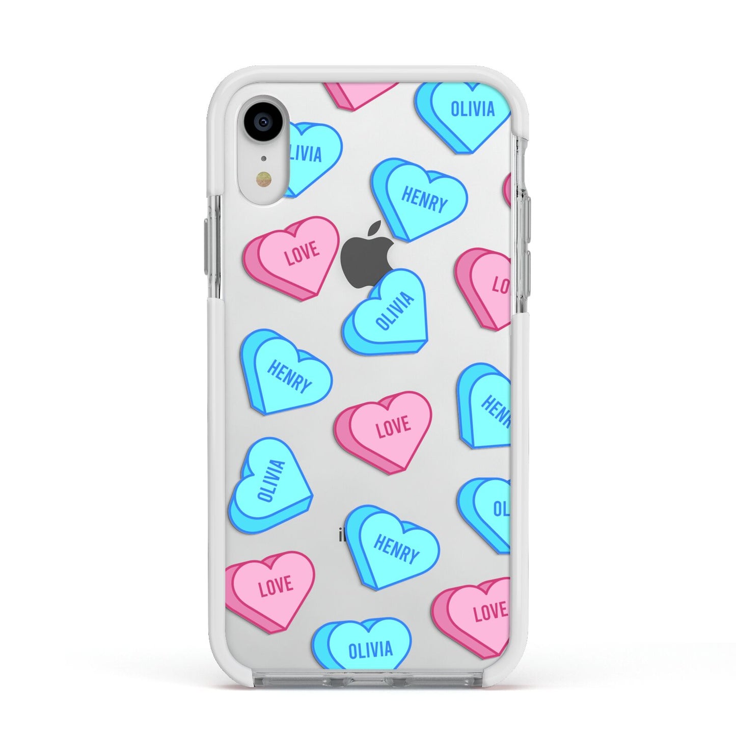 Love Heart Sweets with Names Apple iPhone XR Impact Case White Edge on Silver Phone