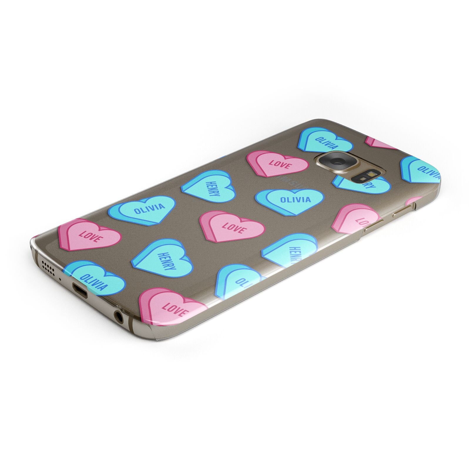 Love Heart Sweets with Names Protective Samsung Galaxy Case Angled Image