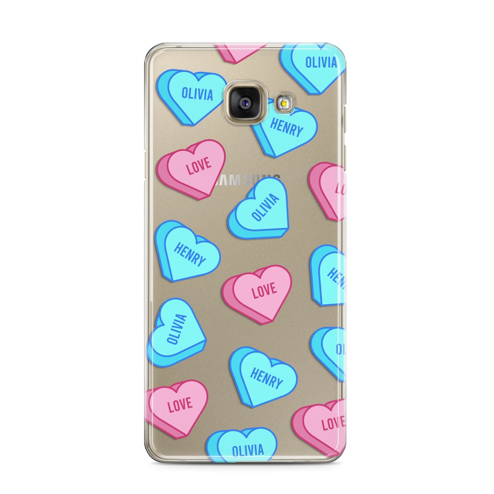 Love Heart Sweets with Names Samsung Galaxy A3 2016 Case on gold phone