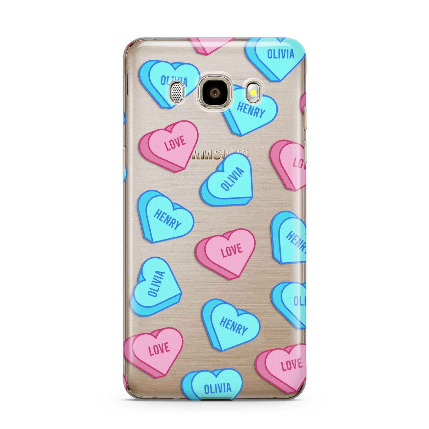 Love Heart Sweets with Names Samsung Galaxy J7 2016 Case on gold phone