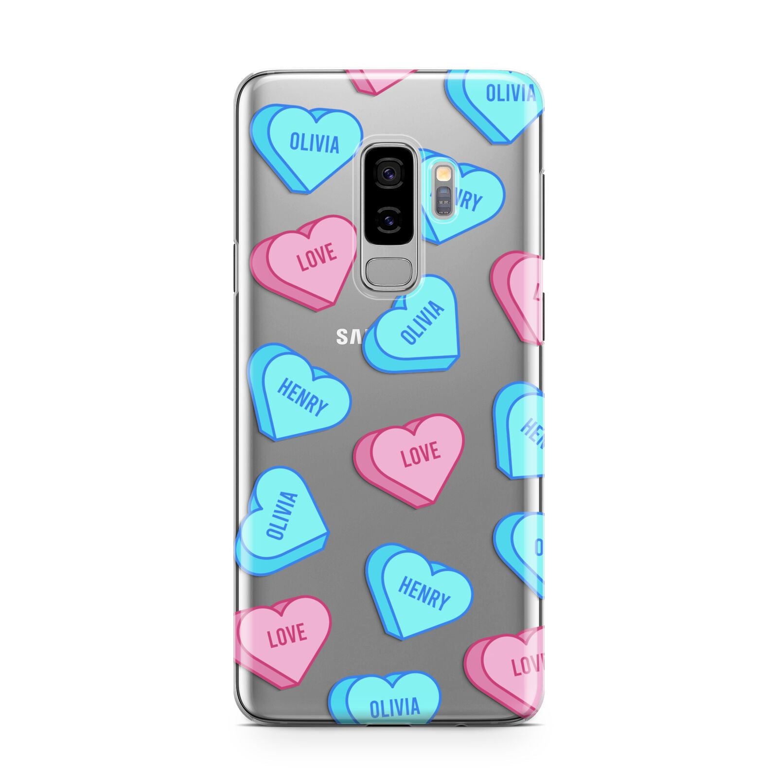Love Heart Sweets with Names Samsung Galaxy S9 Plus Case on Silver phone