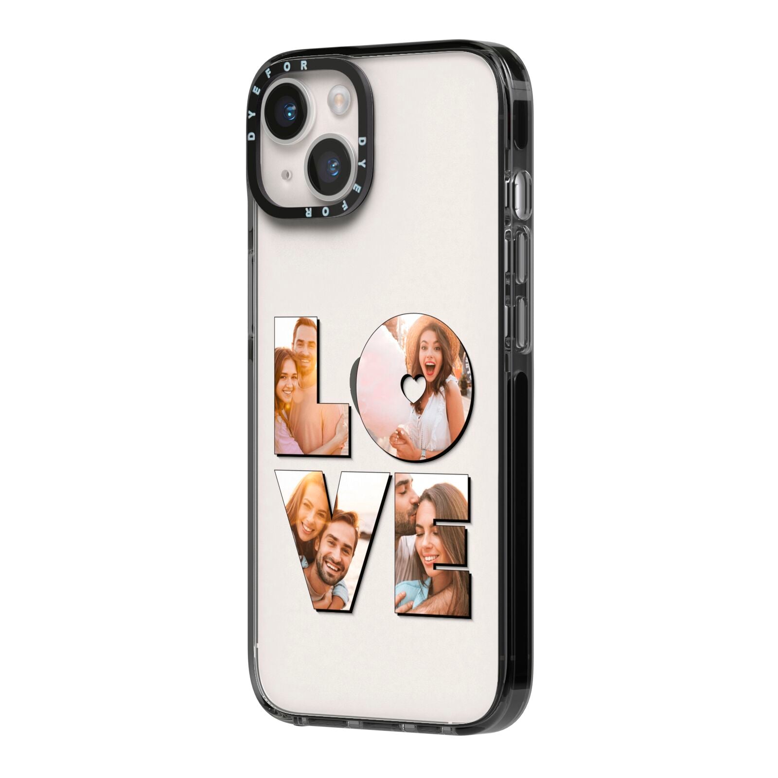 Love Personalised Photo Upload iPhone 14 Black Impact Case Side Angle on Silver phone