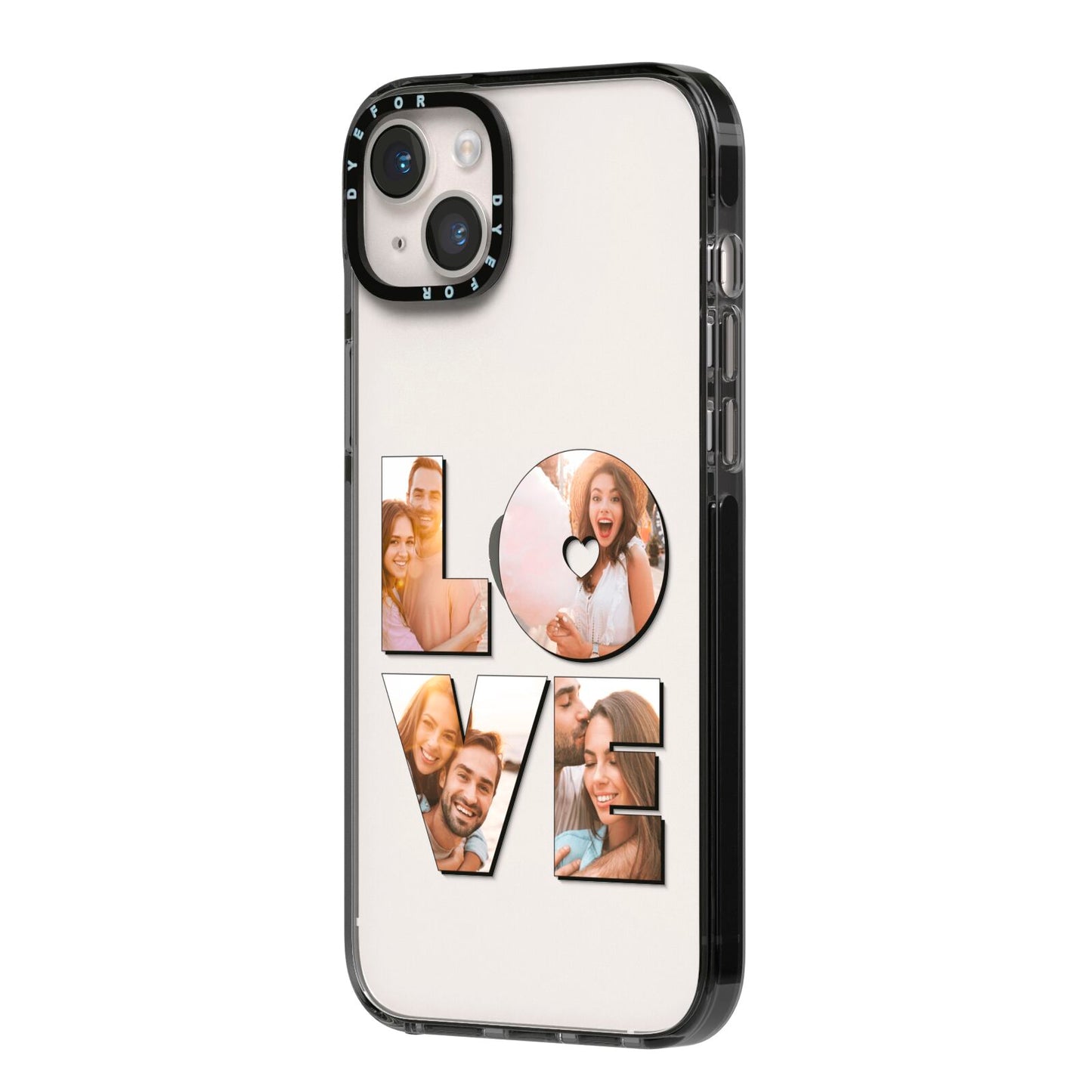 Love Personalised Photo Upload iPhone 14 Plus Black Impact Case Side Angle on Silver phone