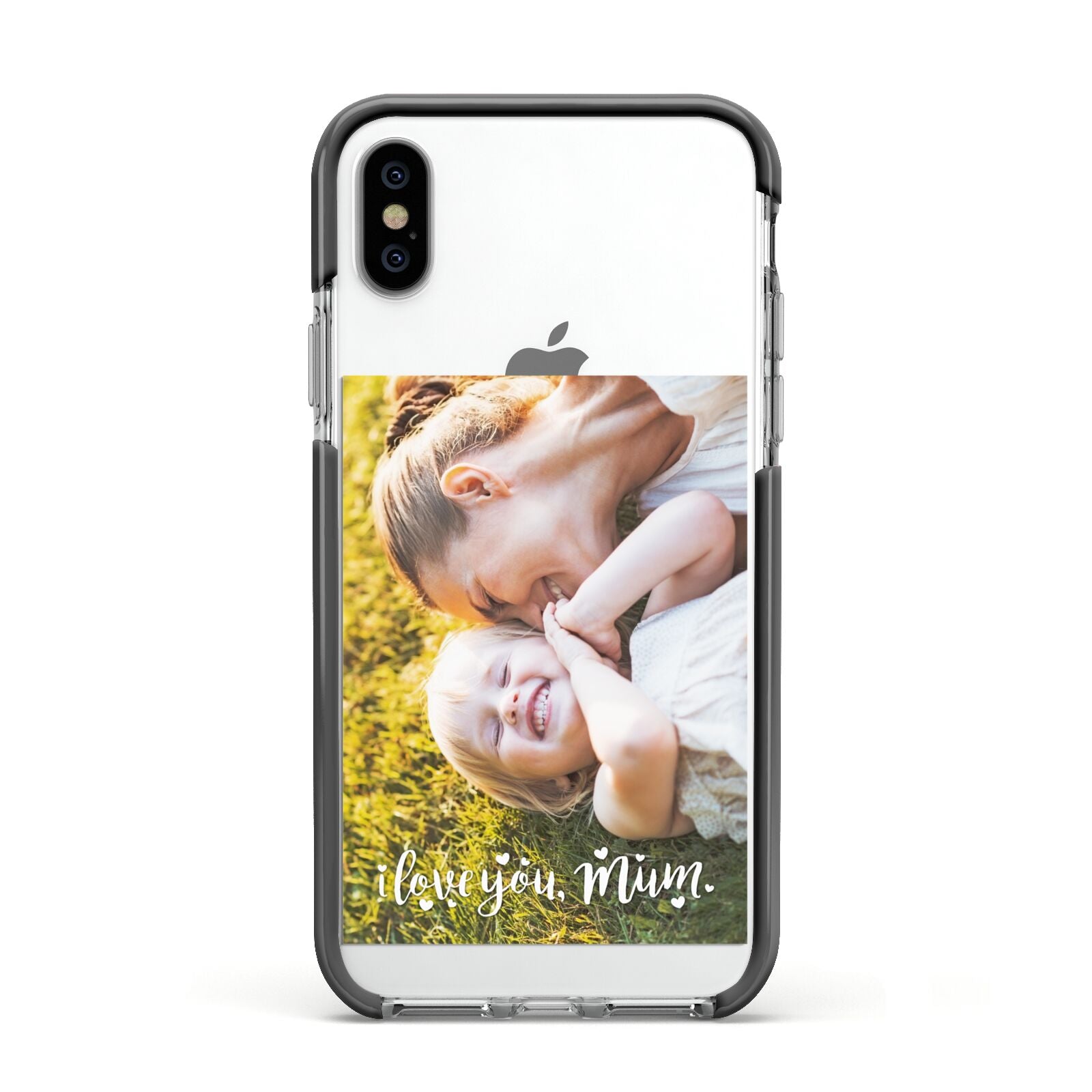 Love You Mum Photo Upload Apple iPhone Xs Impact Case Black Edge on Silver Phone