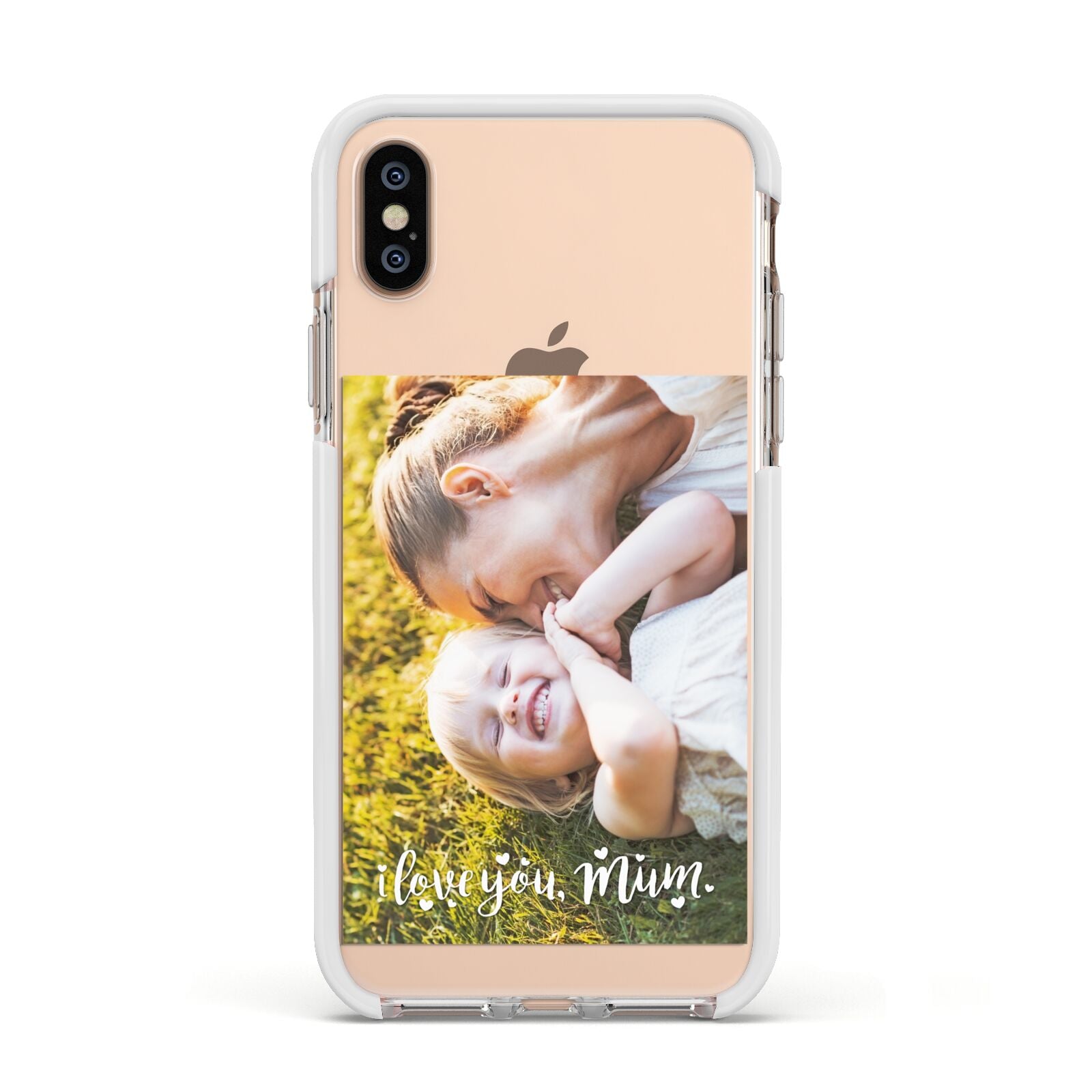 Love You Mum Photo Upload Apple iPhone Xs Impact Case White Edge on Gold Phone