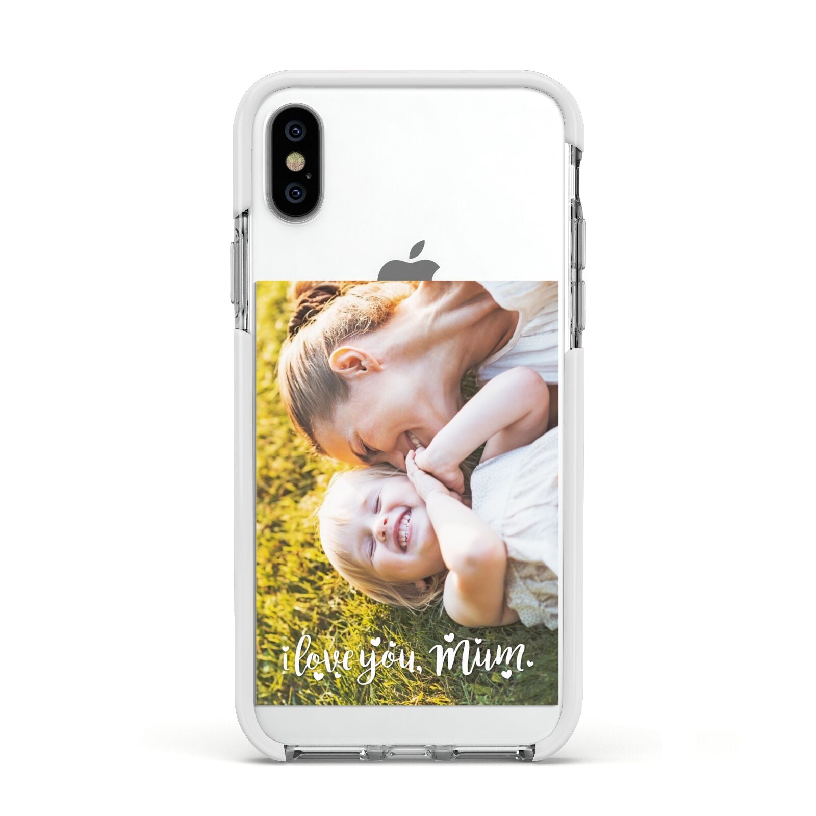 Love You Mum Photo Upload Apple iPhone Xs Impact Case White Edge on Silver Phone