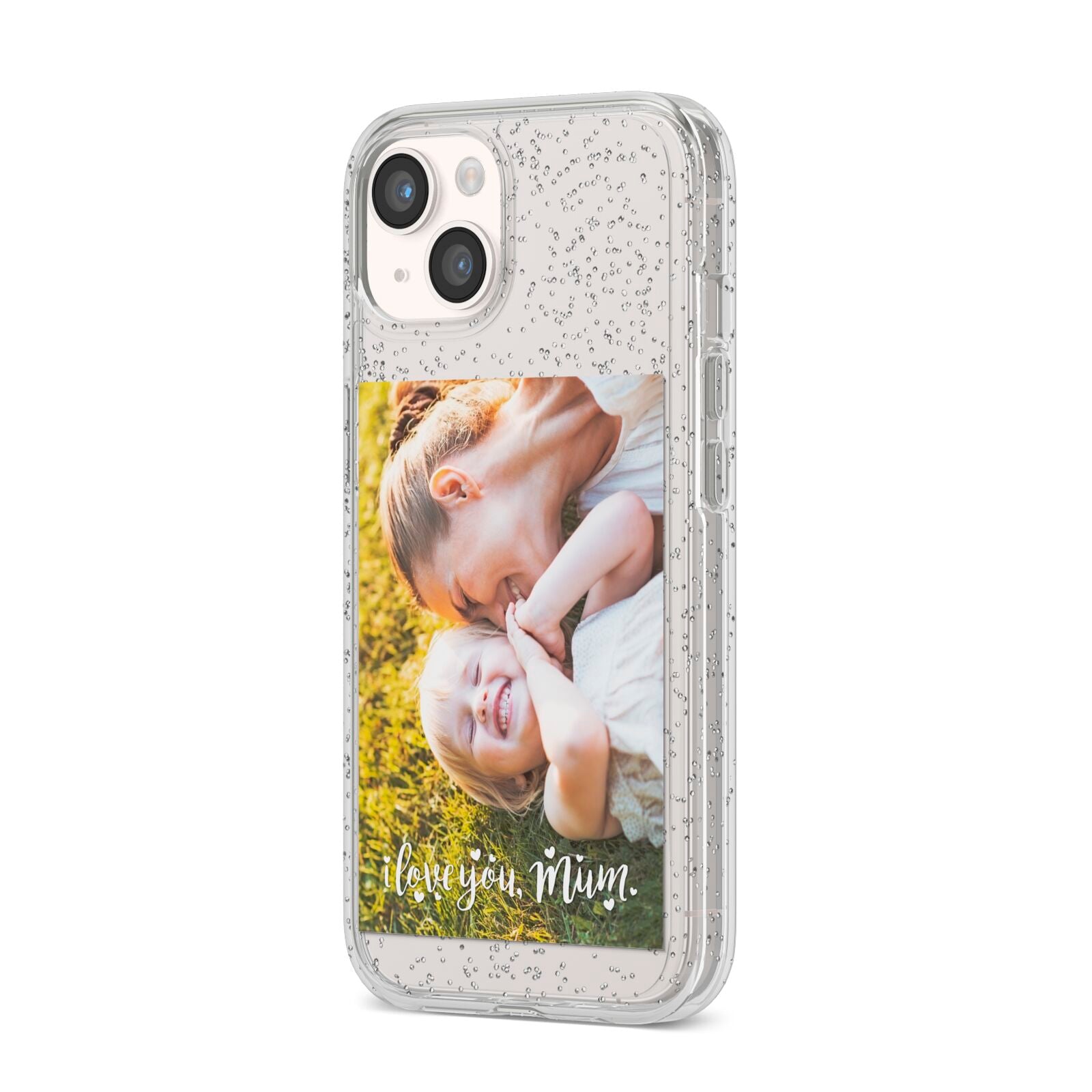 Love You Mum Photo Upload iPhone 14 Glitter Tough Case Starlight Angled Image