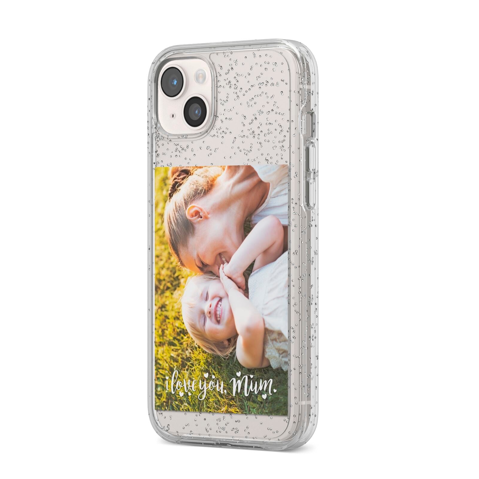 Love You Mum Photo Upload iPhone 14 Plus Glitter Tough Case Starlight Angled Image