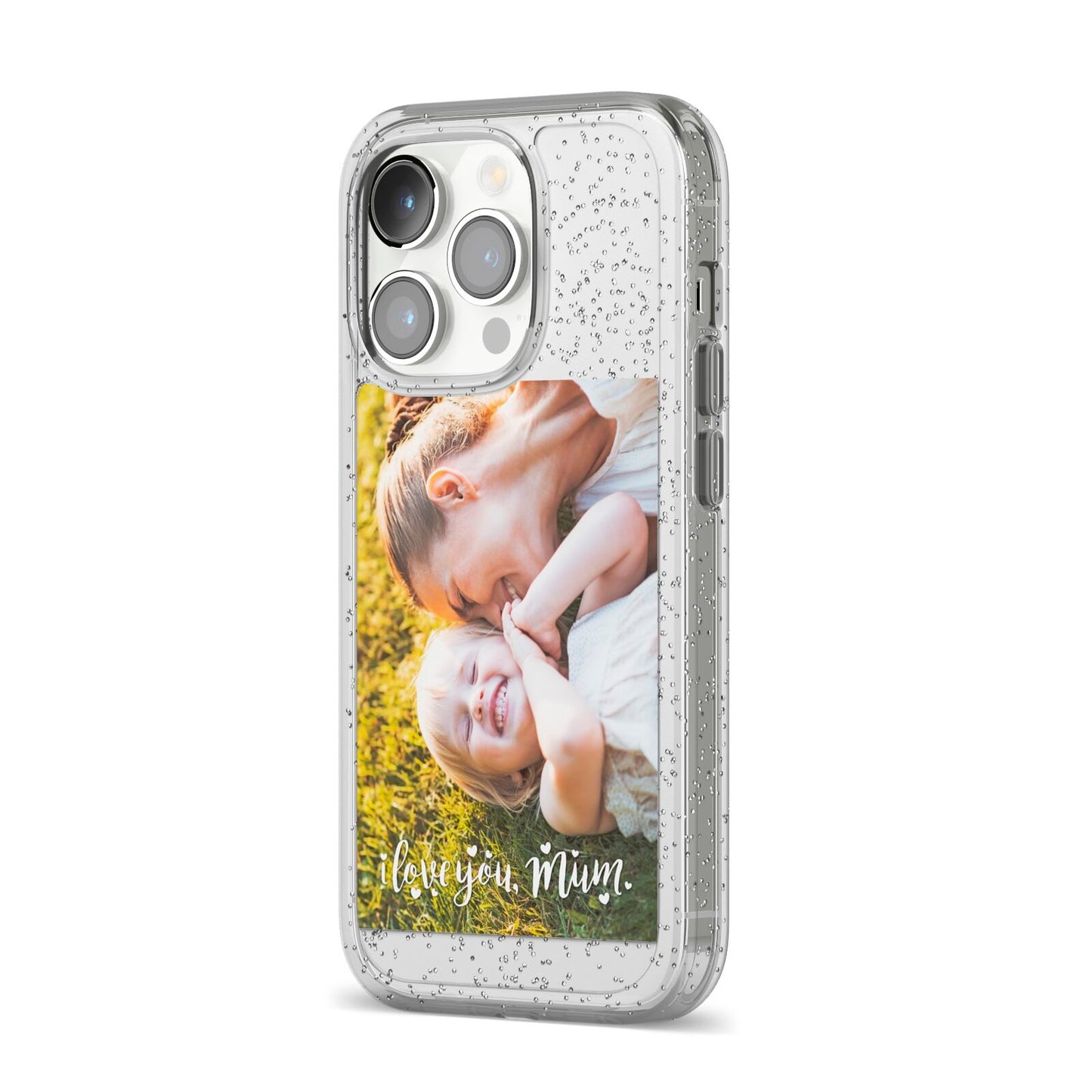 Love You Mum Photo Upload iPhone 14 Pro Glitter Tough Case Silver Angled Image