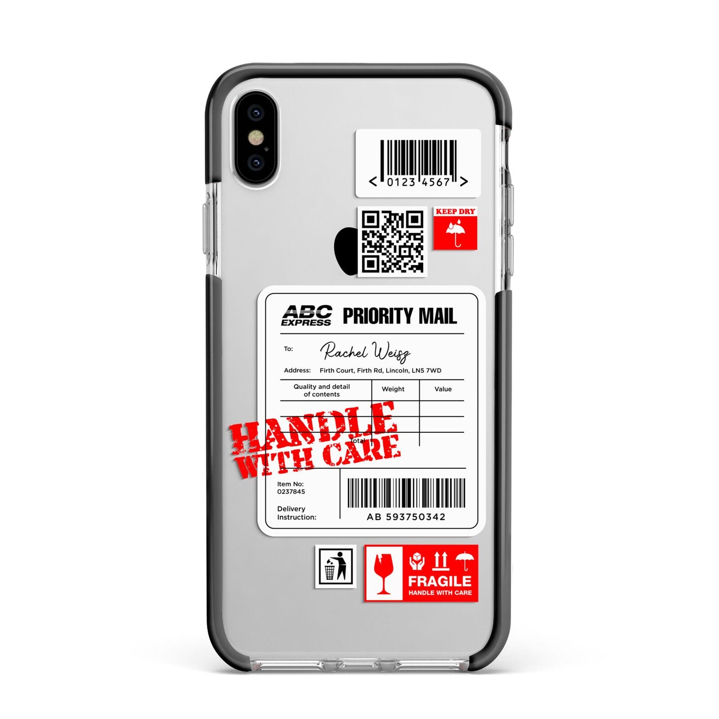 Mail Stickers with Name Apple iPhone Xs Max Impact Case Black Edge on Silver Phone