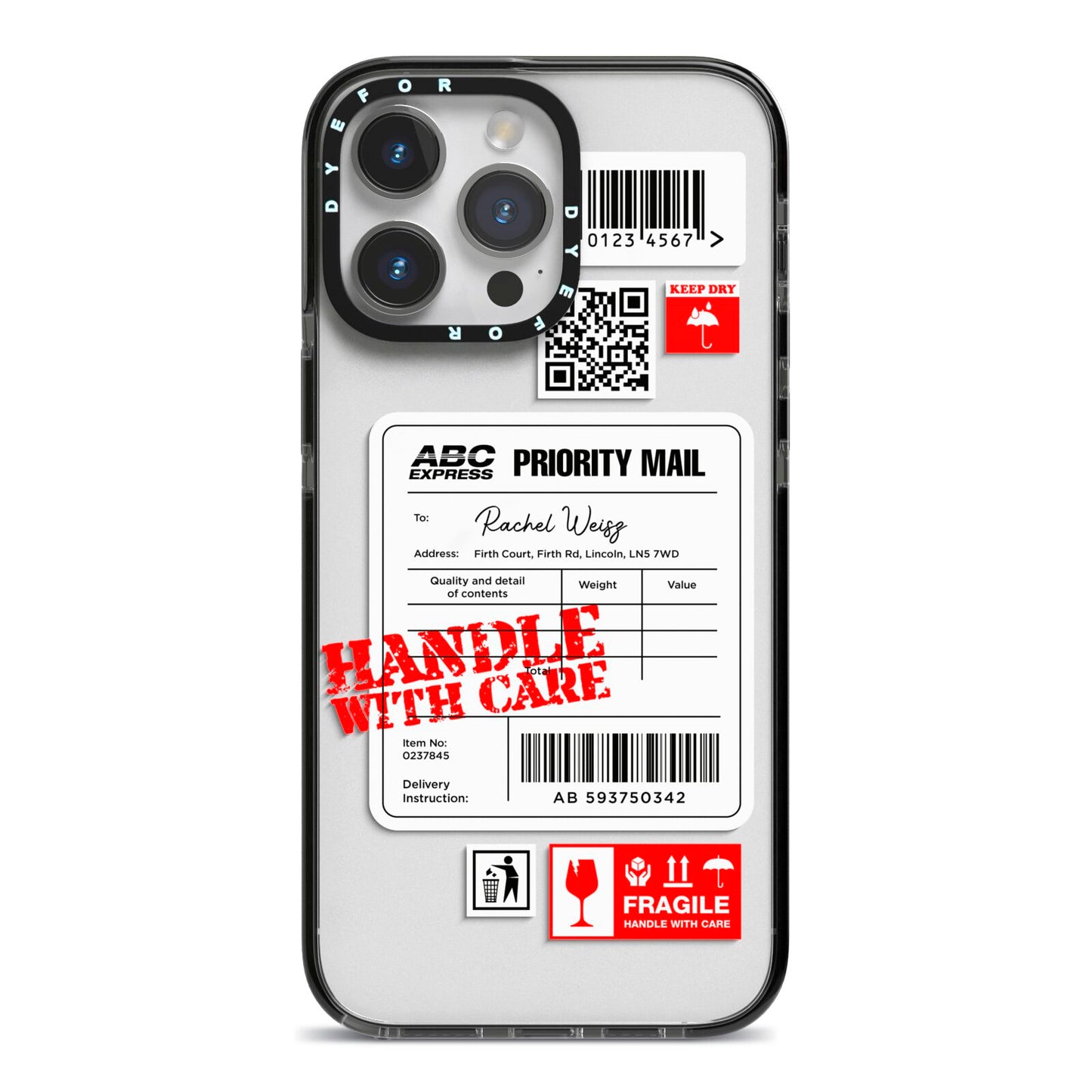 Mail Stickers with Name iPhone 14 Pro Max Black Impact Case on Silver phone