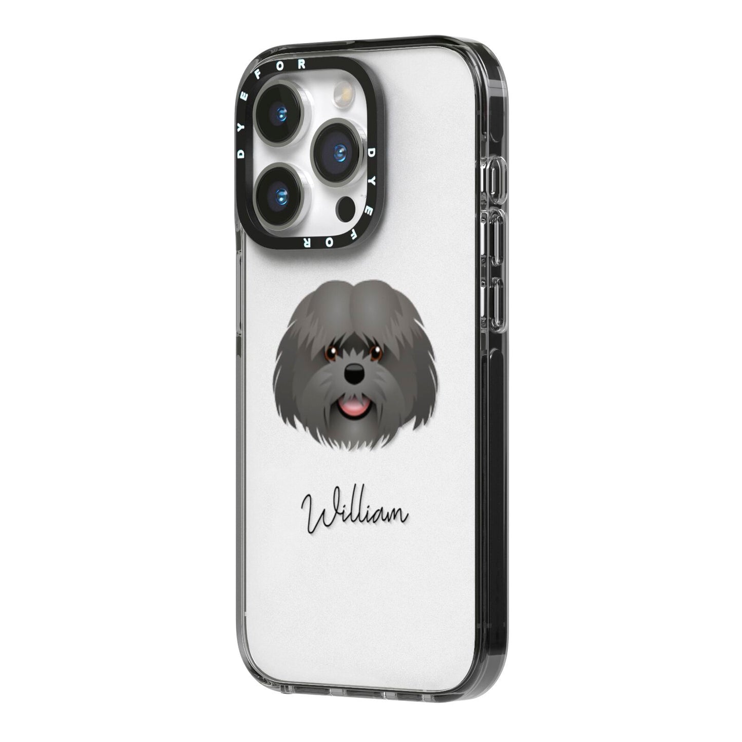 Mal Shi Personalised iPhone 14 Pro Black Impact Case Side Angle on Silver phone