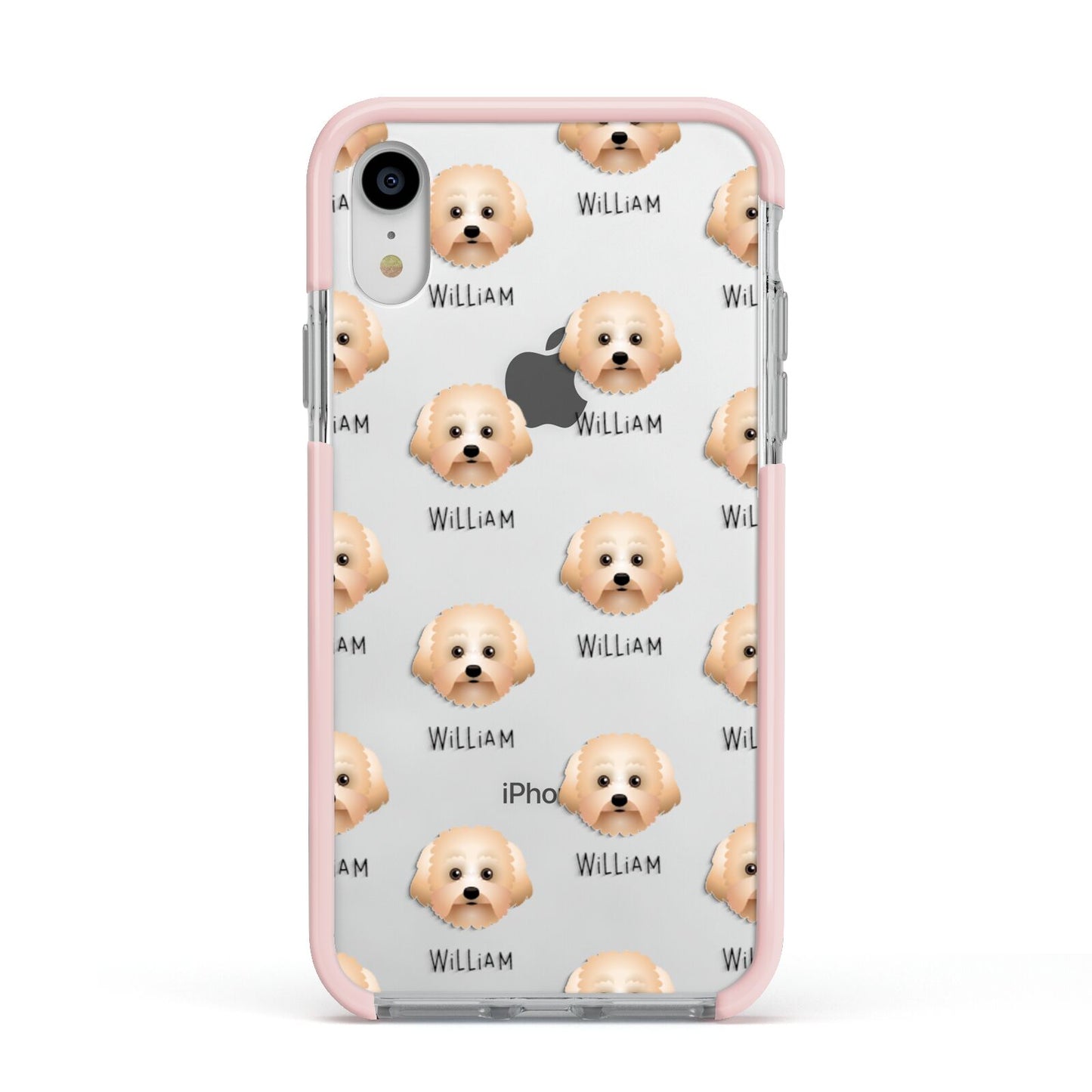 Malti Poo Icon with Name Apple iPhone XR Impact Case Pink Edge on Silver Phone