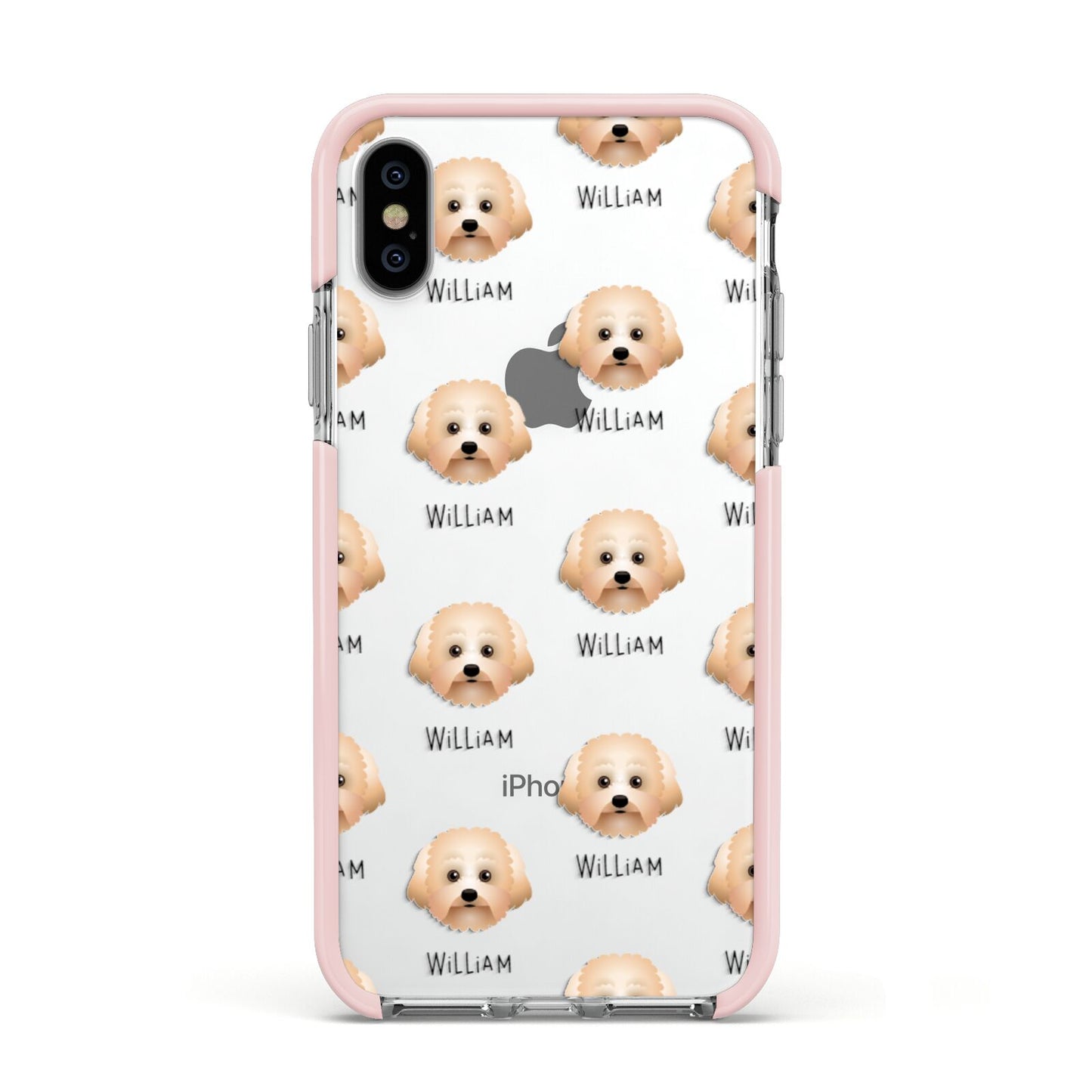 Malti Poo Icon with Name Apple iPhone Xs Impact Case Pink Edge on Silver Phone