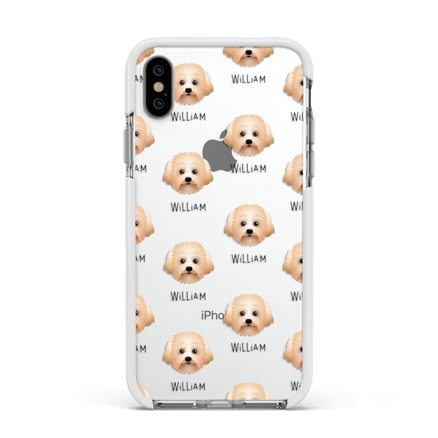 Malti Poo Icon with Name Apple iPhone Xs Impact Case White Edge on Silver Phone