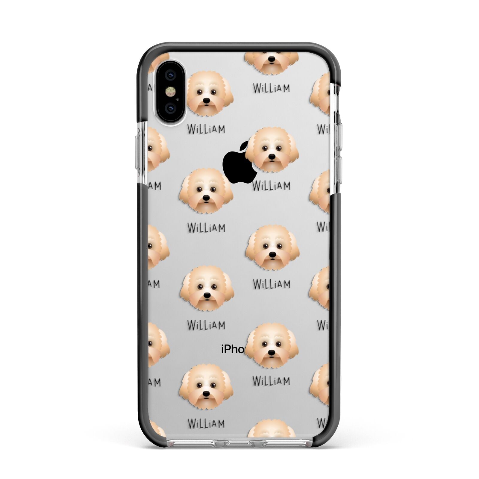 Malti Poo Icon with Name Apple iPhone Xs Max Impact Case Black Edge on Silver Phone