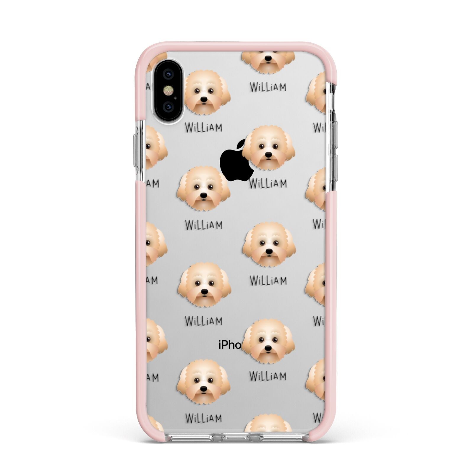 Malti Poo Icon with Name Apple iPhone Xs Max Impact Case Pink Edge on Silver Phone