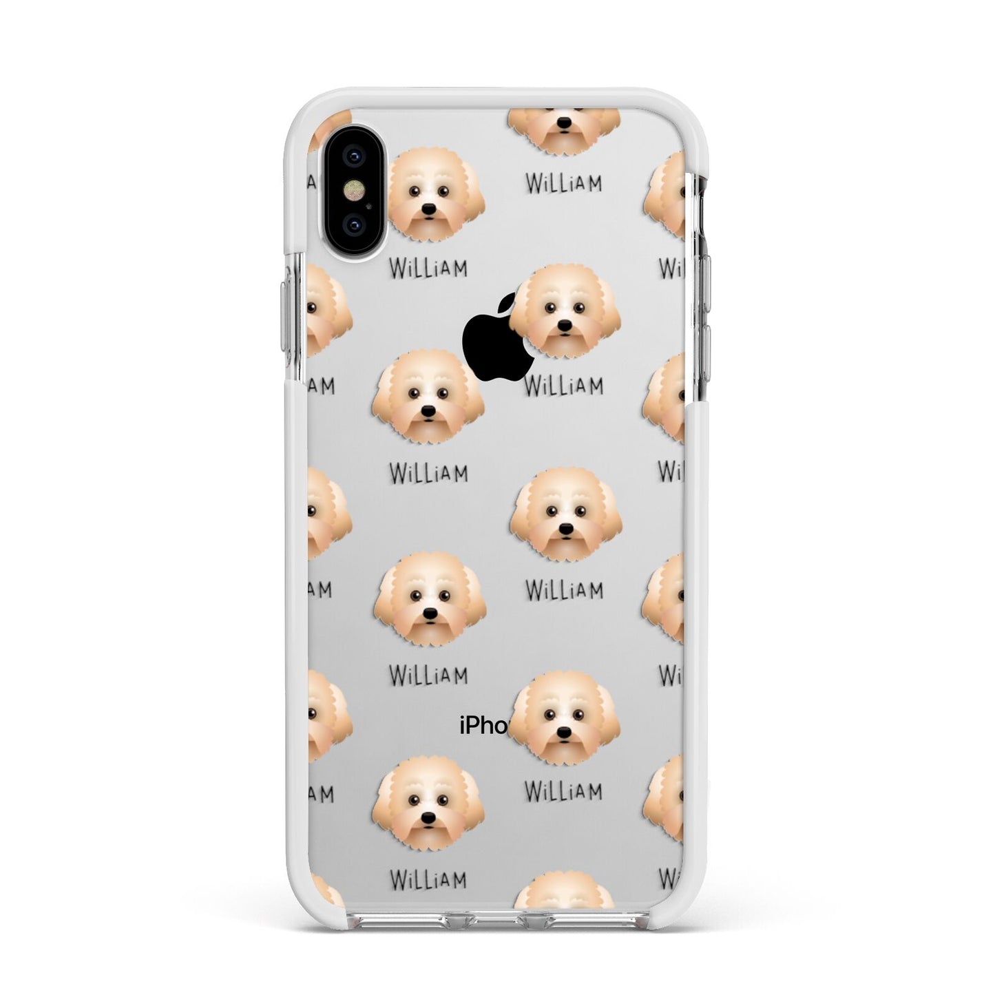 Malti Poo Icon with Name Apple iPhone Xs Max Impact Case White Edge on Silver Phone