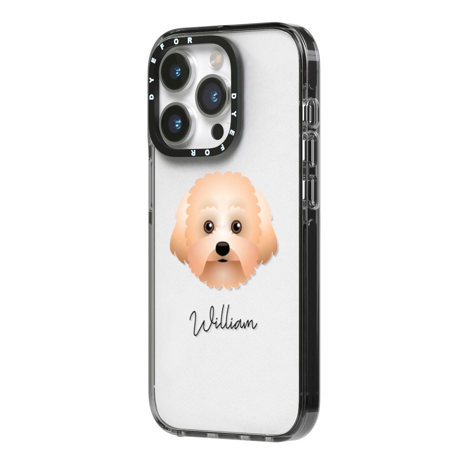 Malti Poo Personalised iPhone 14 Pro Black Impact Case Side Angle on Silver phone