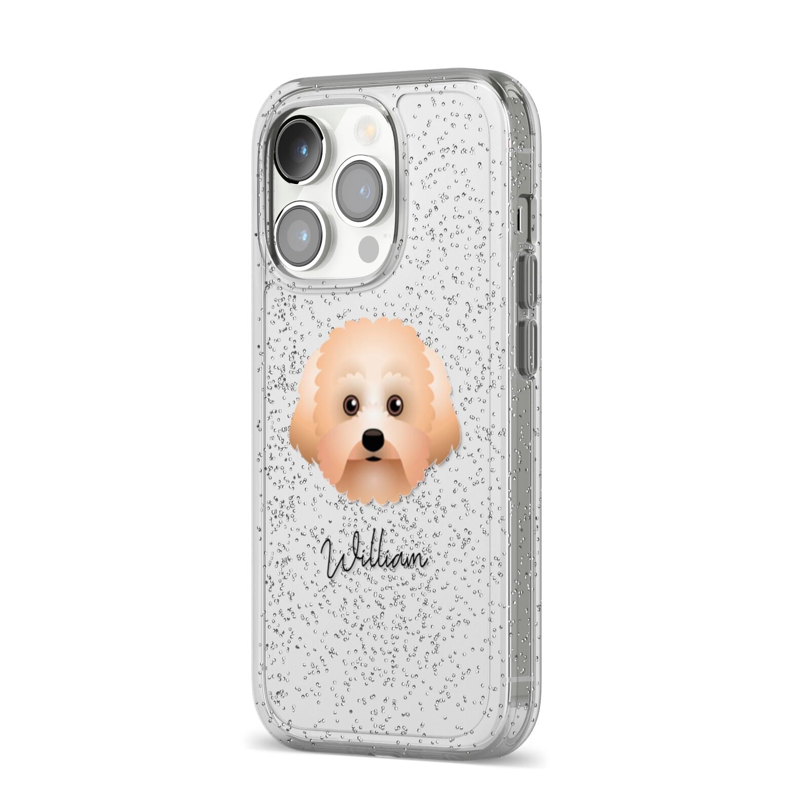 Malti Poo Personalised iPhone 14 Pro Glitter Tough Case Silver Angled Image