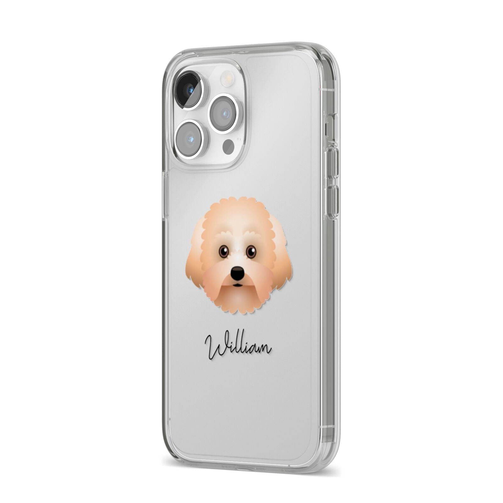 Malti Poo Personalised iPhone 14 Pro Max Clear Tough Case Silver Angled Image