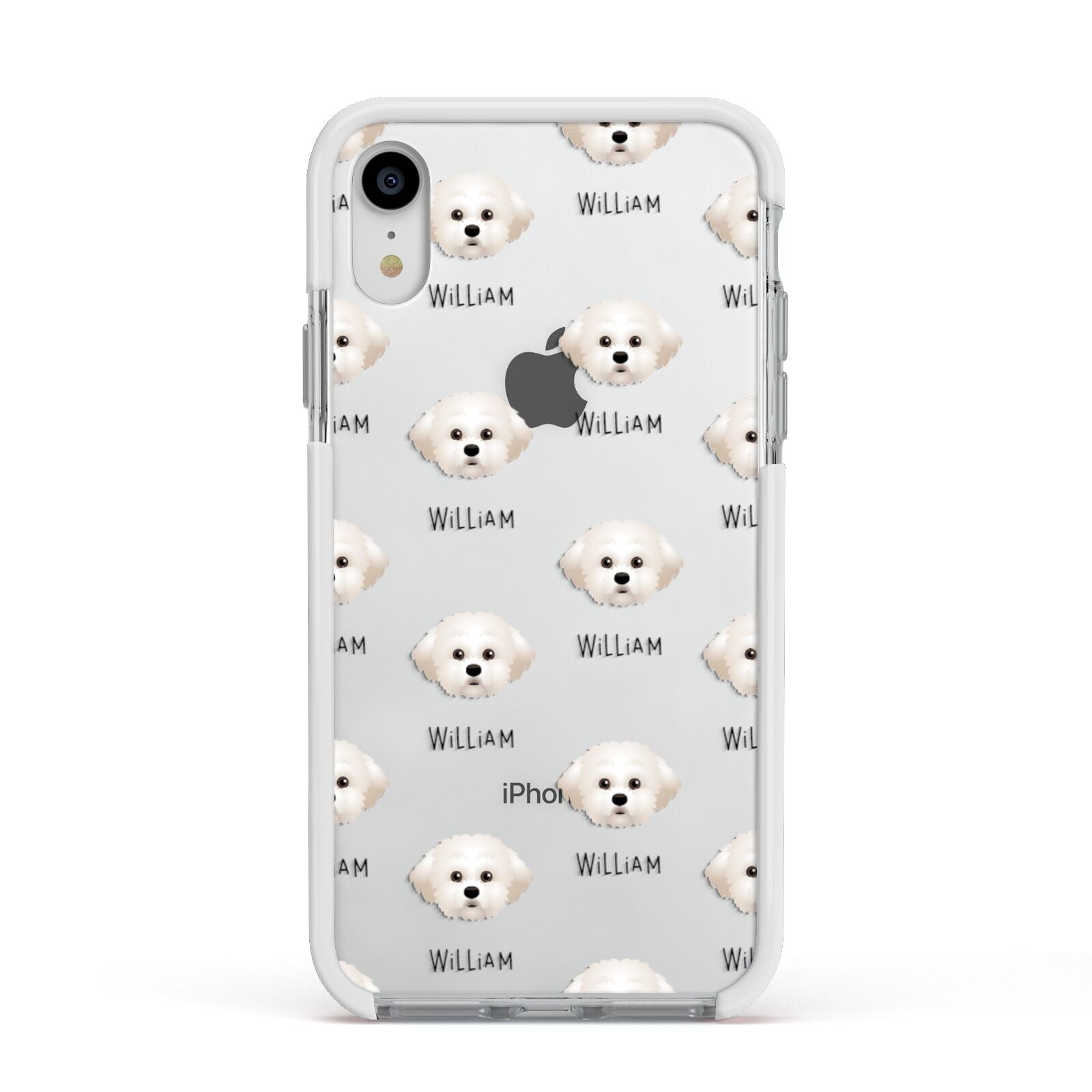 Maltichon Icon with Name Apple iPhone XR Impact Case White Edge on Silver Phone