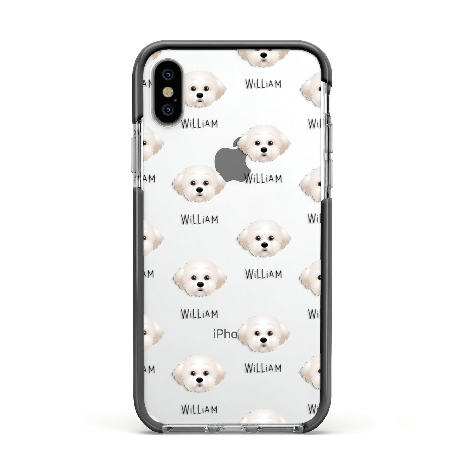 Maltichon Icon with Name Apple iPhone Xs Impact Case Black Edge on Silver Phone
