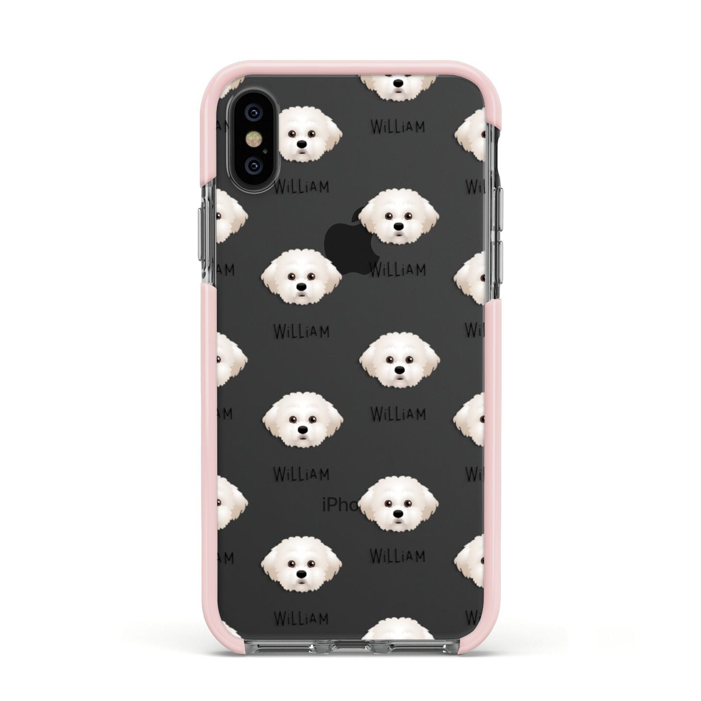 Maltichon Icon with Name Apple iPhone Xs Impact Case Pink Edge on Black Phone
