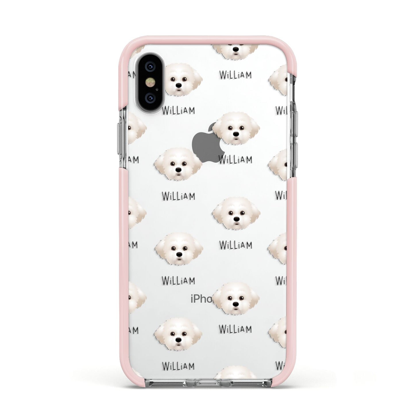 Maltichon Icon with Name Apple iPhone Xs Impact Case Pink Edge on Silver Phone