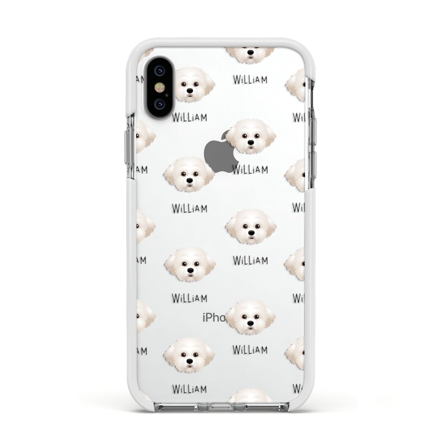 Maltichon Icon with Name Apple iPhone Xs Impact Case White Edge on Silver Phone