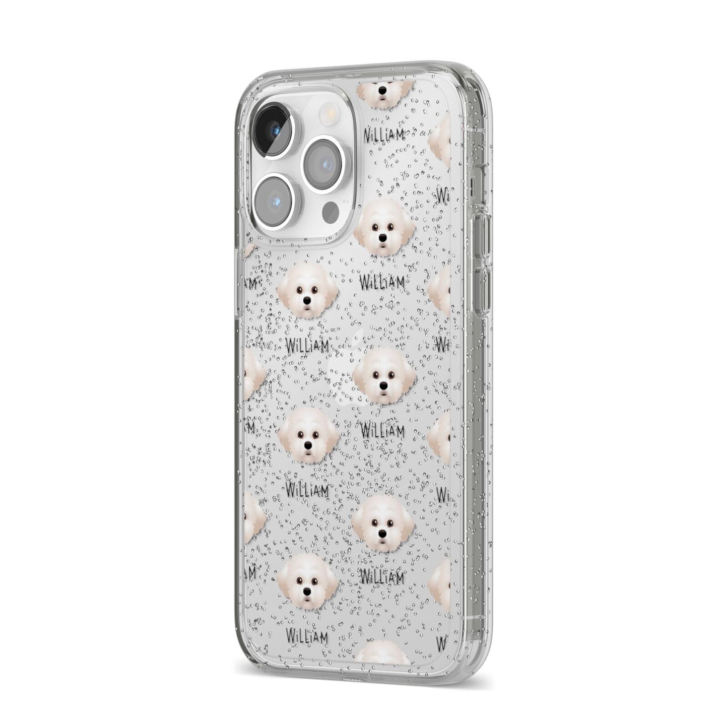 Maltichon Icon with Name iPhone 14 Pro Max Glitter Tough Case Silver Angled Image