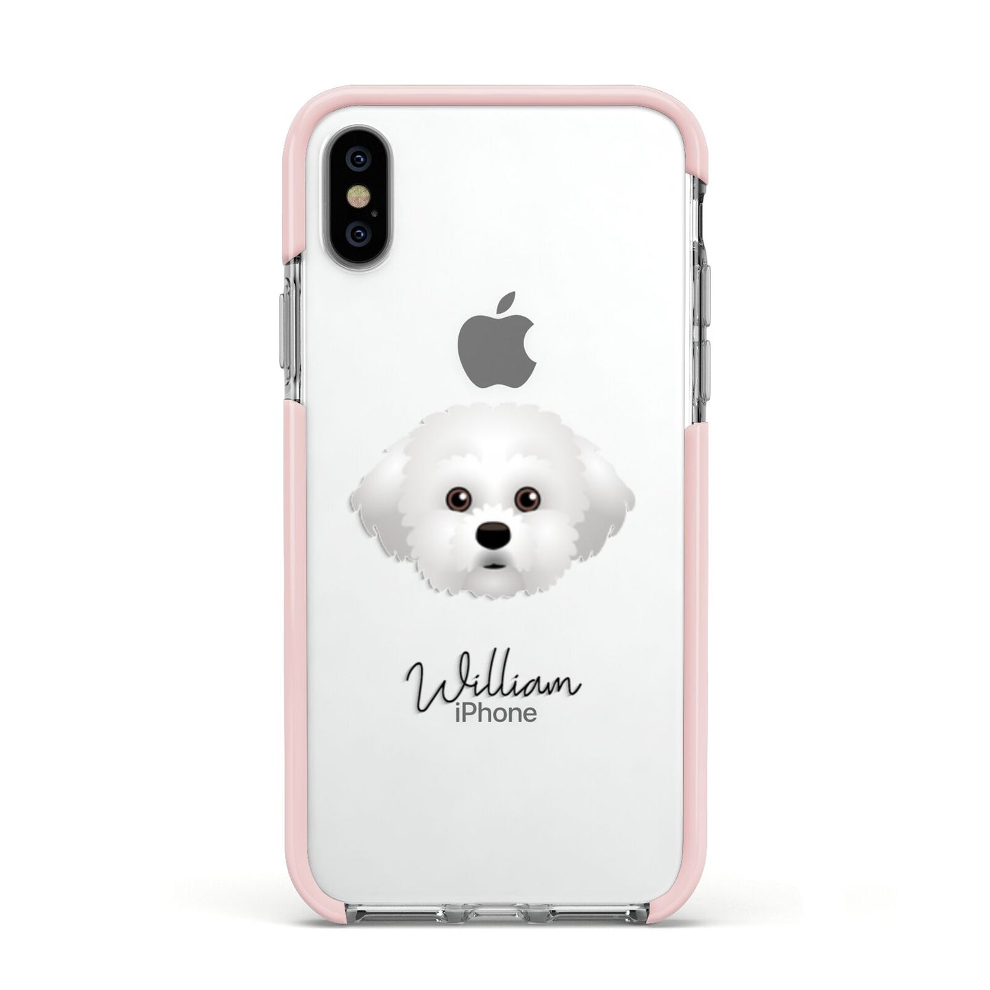 Maltichon Personalised Apple iPhone Xs Impact Case Pink Edge on Silver Phone