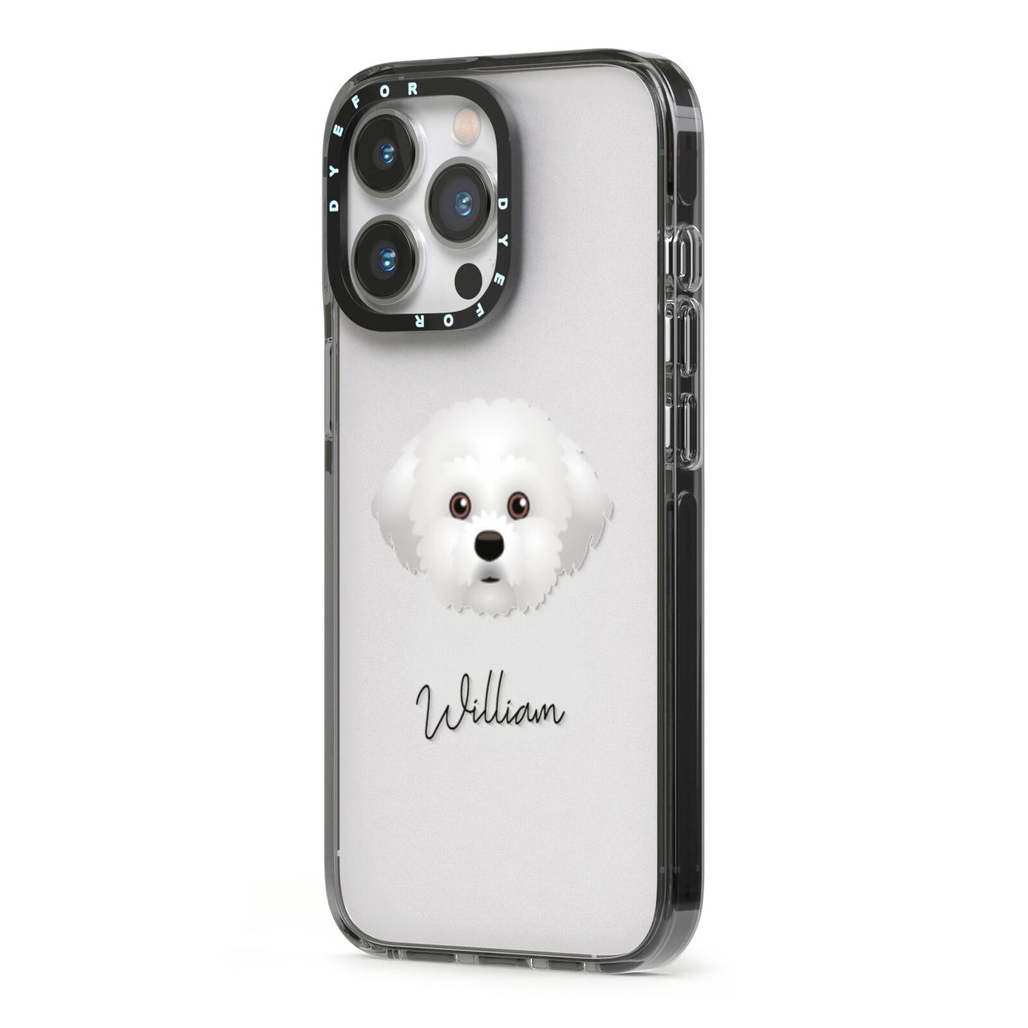 Maltichon Personalised iPhone 13 Pro Black Impact Case Side Angle on Silver phone