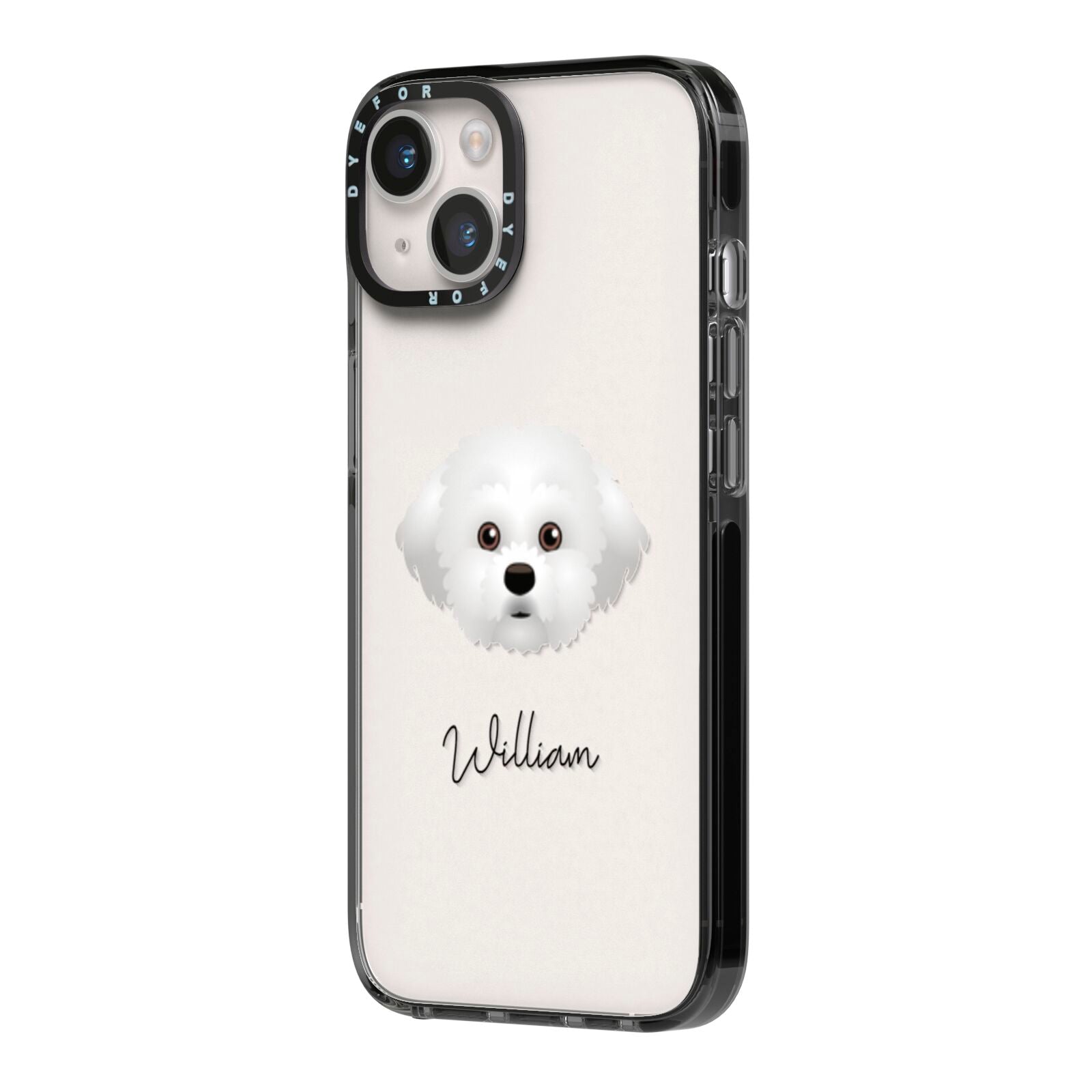 Maltichon Personalised iPhone 14 Black Impact Case Side Angle on Silver phone