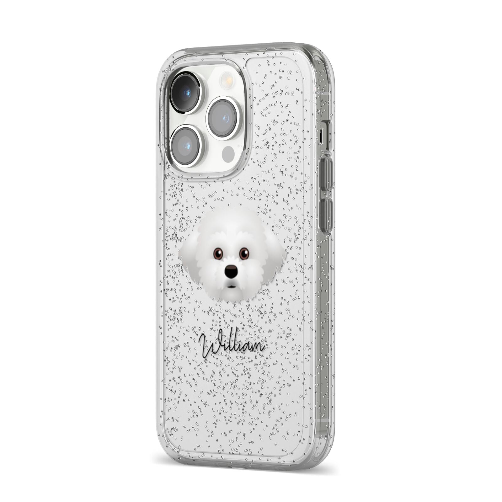 Maltichon Personalised iPhone 14 Pro Glitter Tough Case Silver Angled Image
