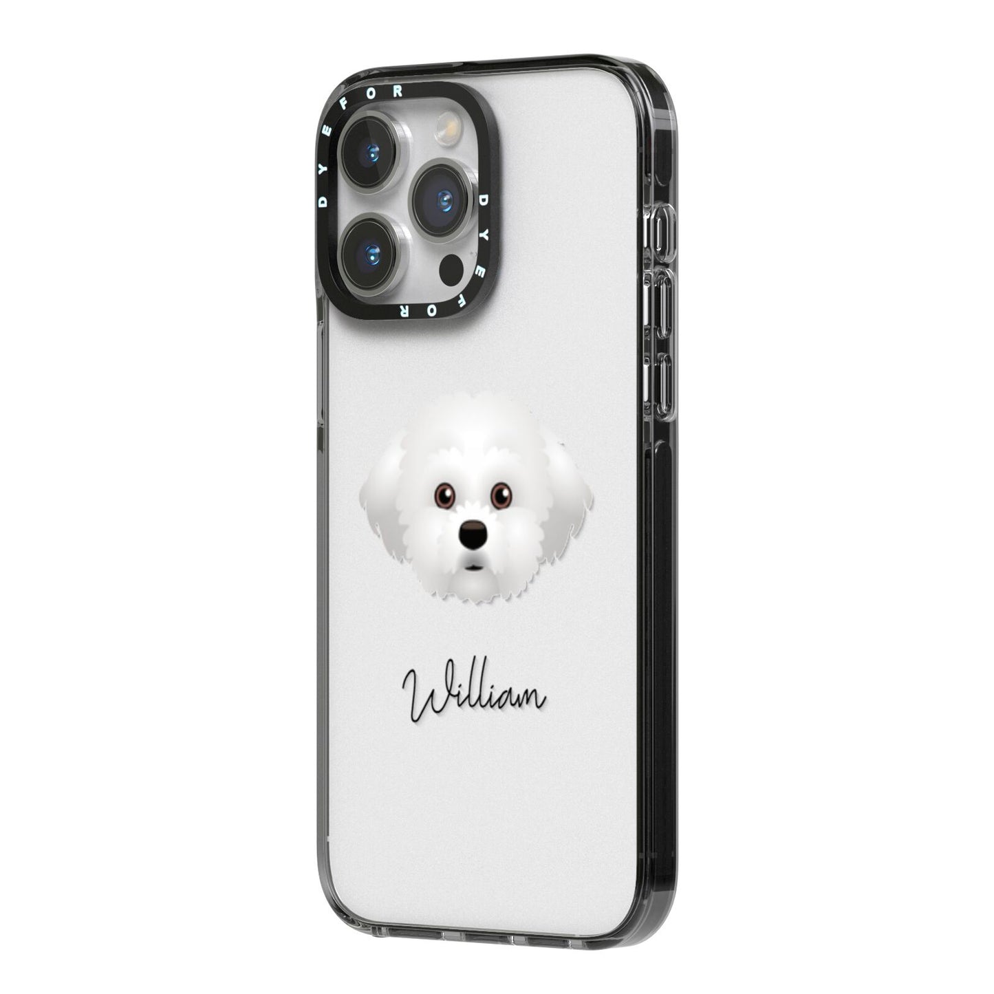 Maltichon Personalised iPhone 14 Pro Max Black Impact Case Side Angle on Silver phone