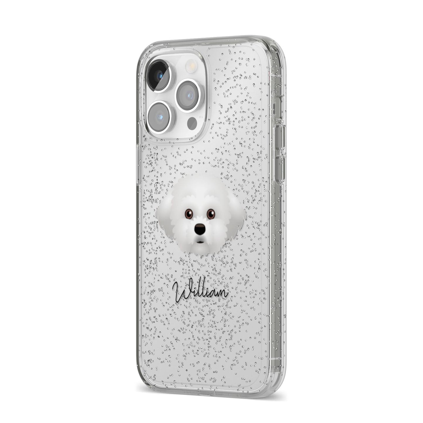 Maltichon Personalised iPhone 14 Pro Max Glitter Tough Case Silver Angled Image