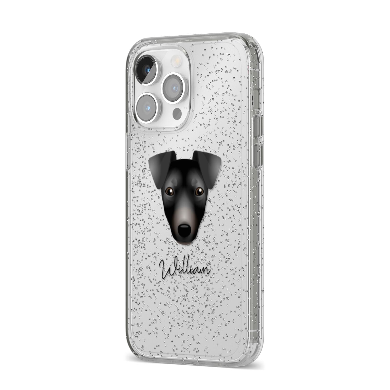 Manchester Terrier Personalised iPhone 14 Pro Max Glitter Tough Case Silver Angled Image