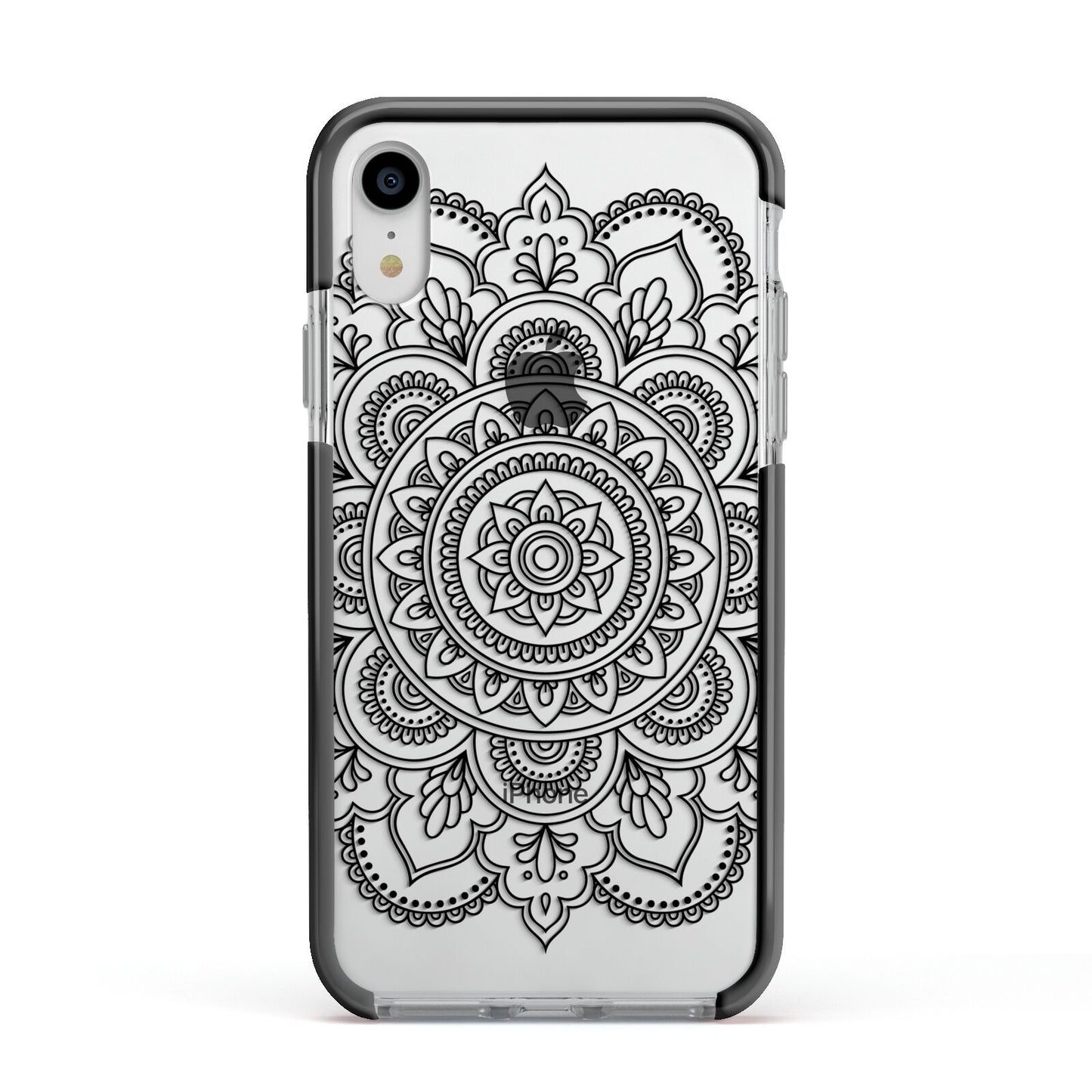 Mandala Apple iPhone XR Impact Case Black Edge on Silver Phone