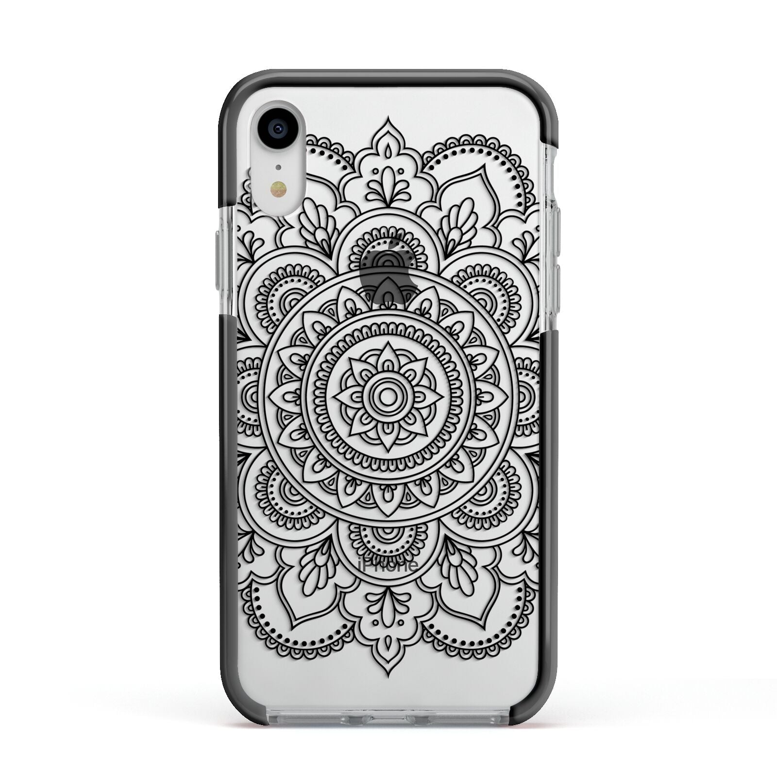 Mandala Apple iPhone XR Impact Case Black Edge on Silver Phone