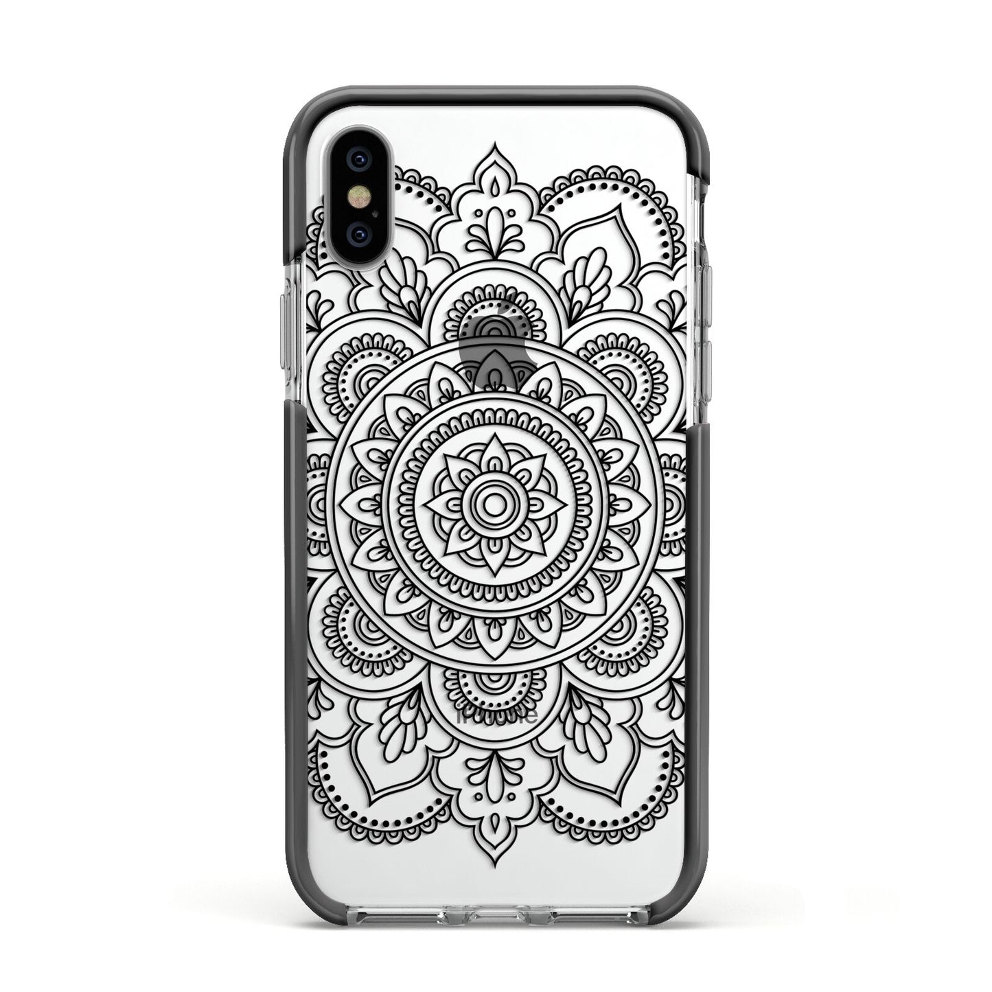 Mandala Apple iPhone Xs Impact Case Black Edge on Silver Phone