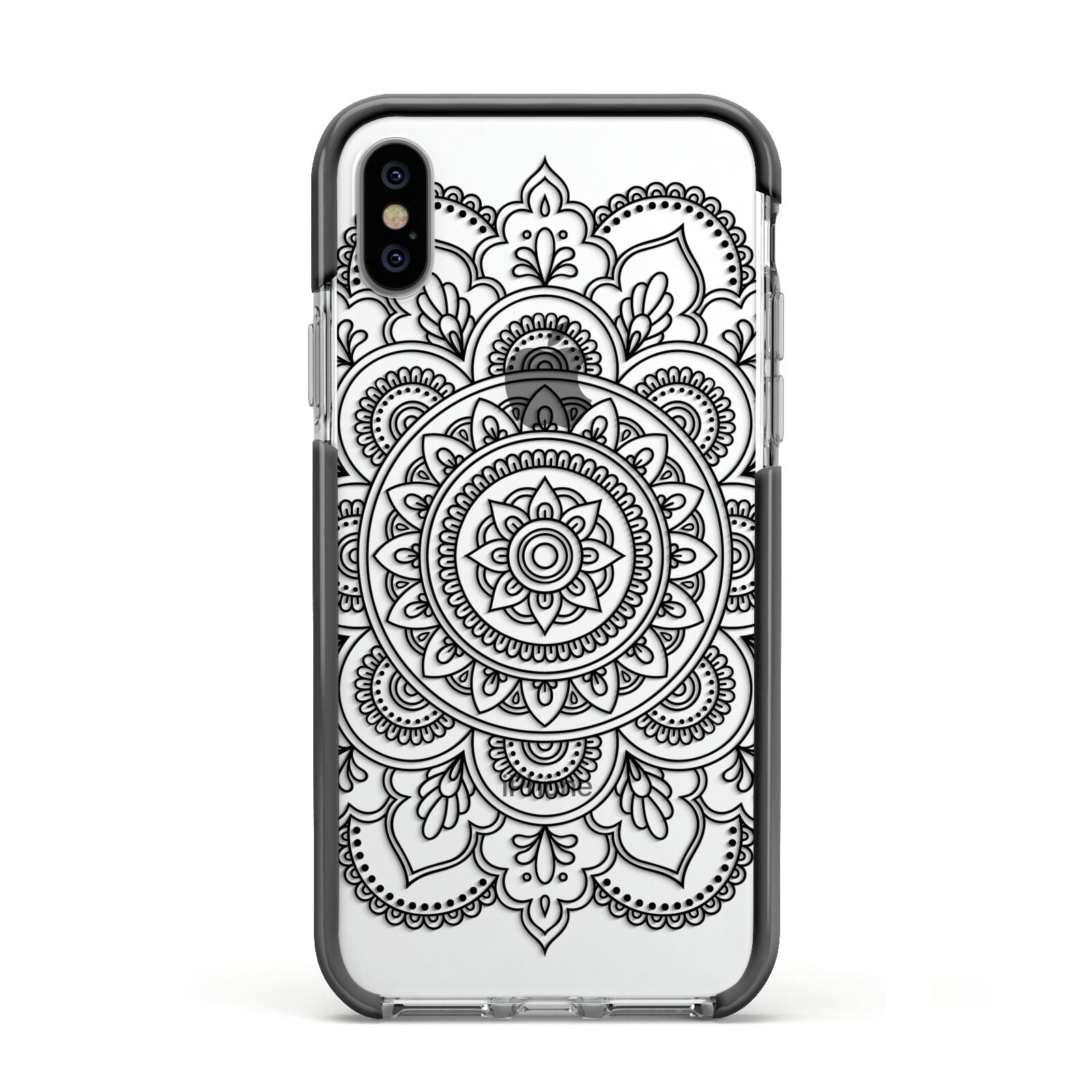 Mandala Apple iPhone Xs Impact Case Black Edge on Silver Phone