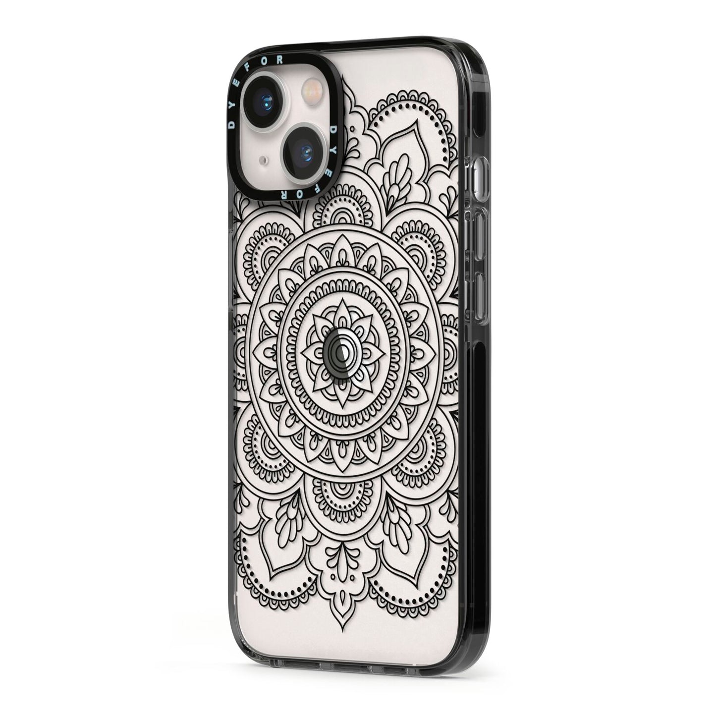 Mandala iPhone 13 Black Impact Case Side Angle on Silver phone