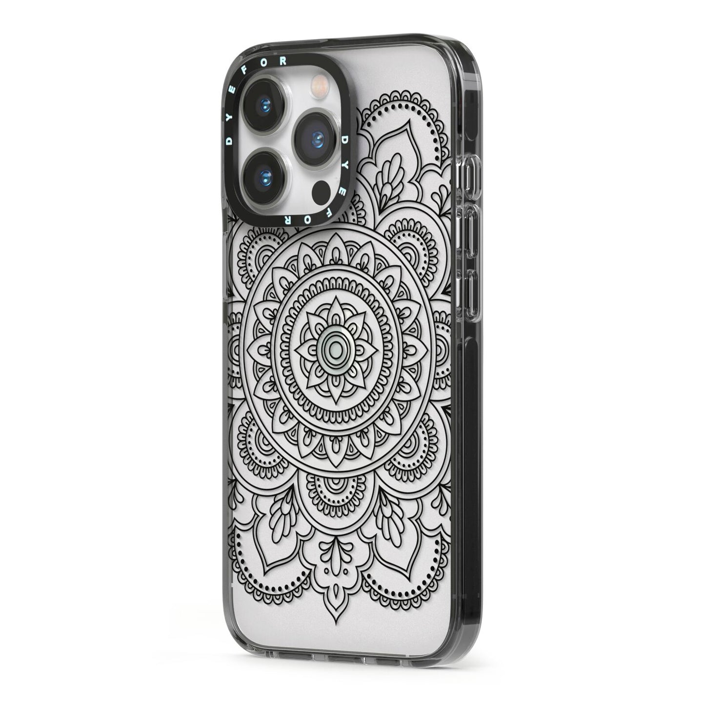 Mandala iPhone 13 Pro Black Impact Case Side Angle on Silver phone